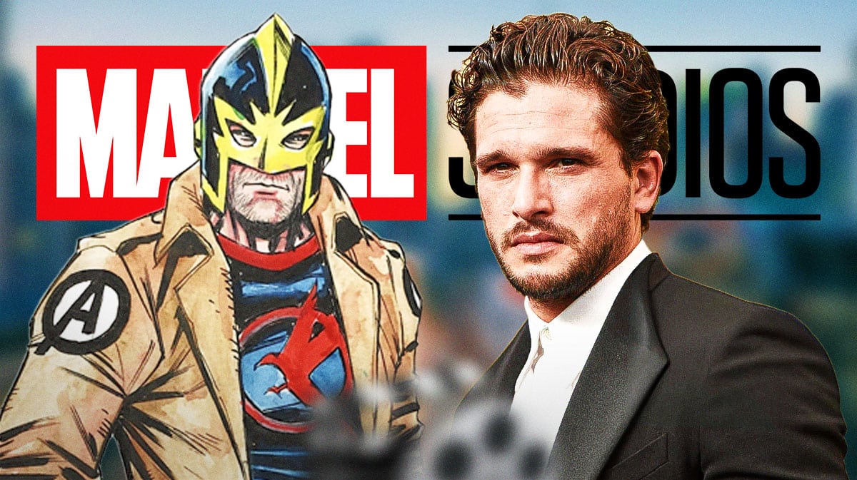 Kit Harington next to Black Knight and Marvel Studios logo in the background