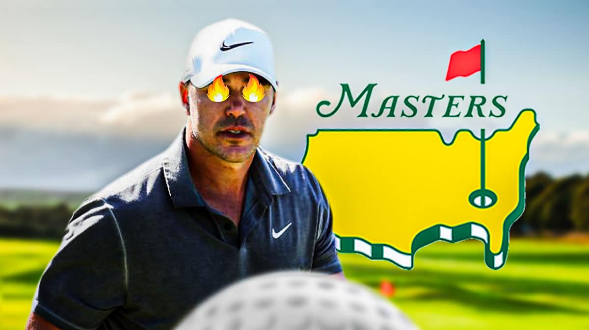 Brooks Koepka with fire in his eyes in front. 2024 The Masters (golf) logo in background.