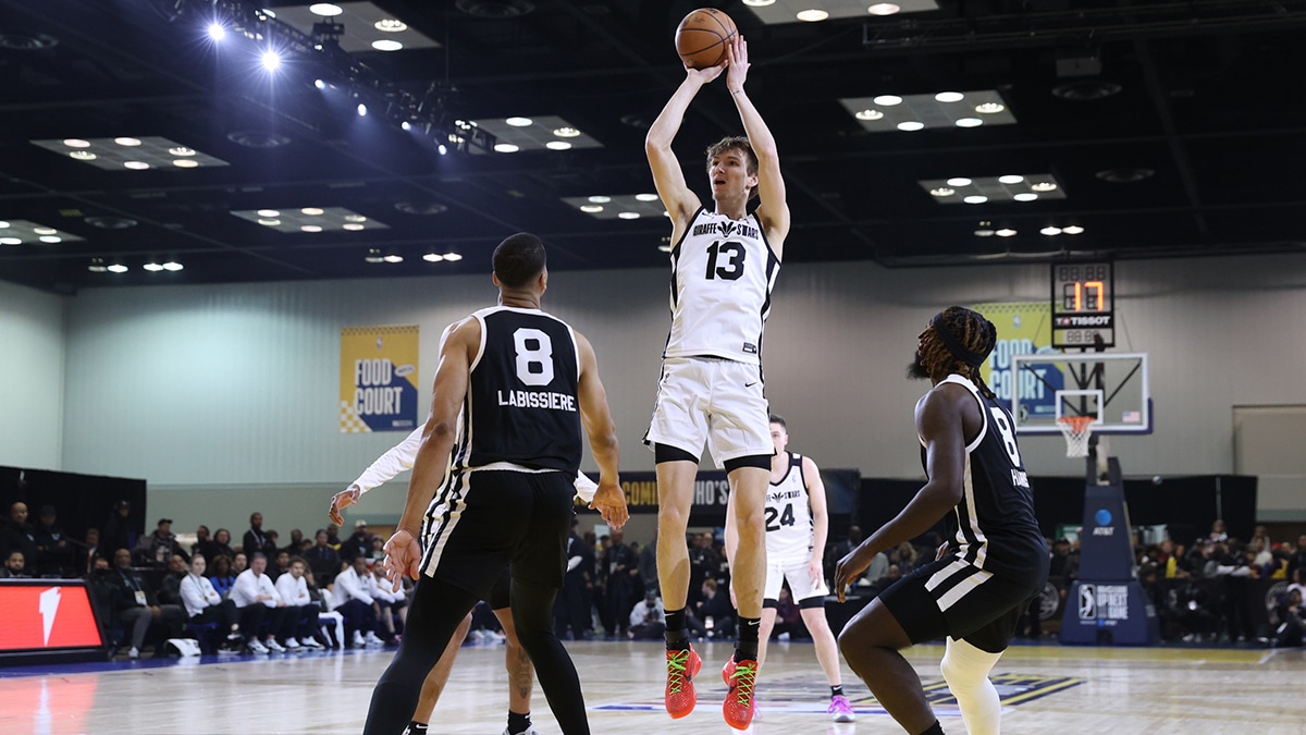 Team Giraffe Stars forward Matas Buzelis (13) of the G League Ignite shoots the ball over Team BallIsLife forward-center Skal Labissiere (8) of the Stockton Kings during the G-League Next Up game at Indiana Convention Center.