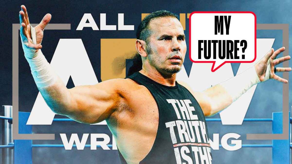 Matt Hardy with a text bubble reading "My future?" with the AEW logo as the background and a few ???s around his head.
