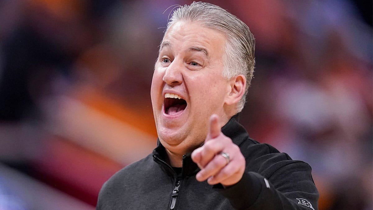Purdue Boilermakers head coach Matt Painter yells to the referee Sunday, March 31, 2024, during the midwest regional championship at the Little Caesars Arena