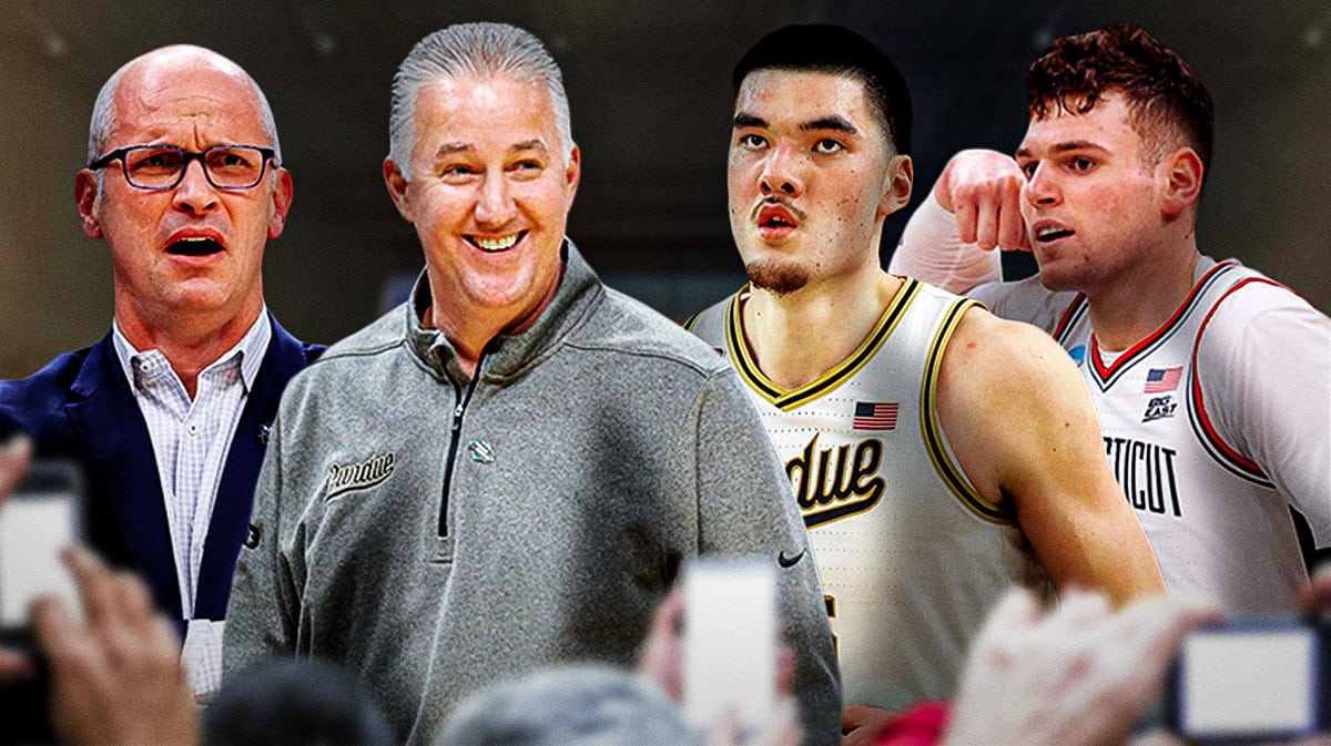 Purdue basketball's Matt Painder and Zach Edey with UConn's Dan Hurley and Donovan Clingan