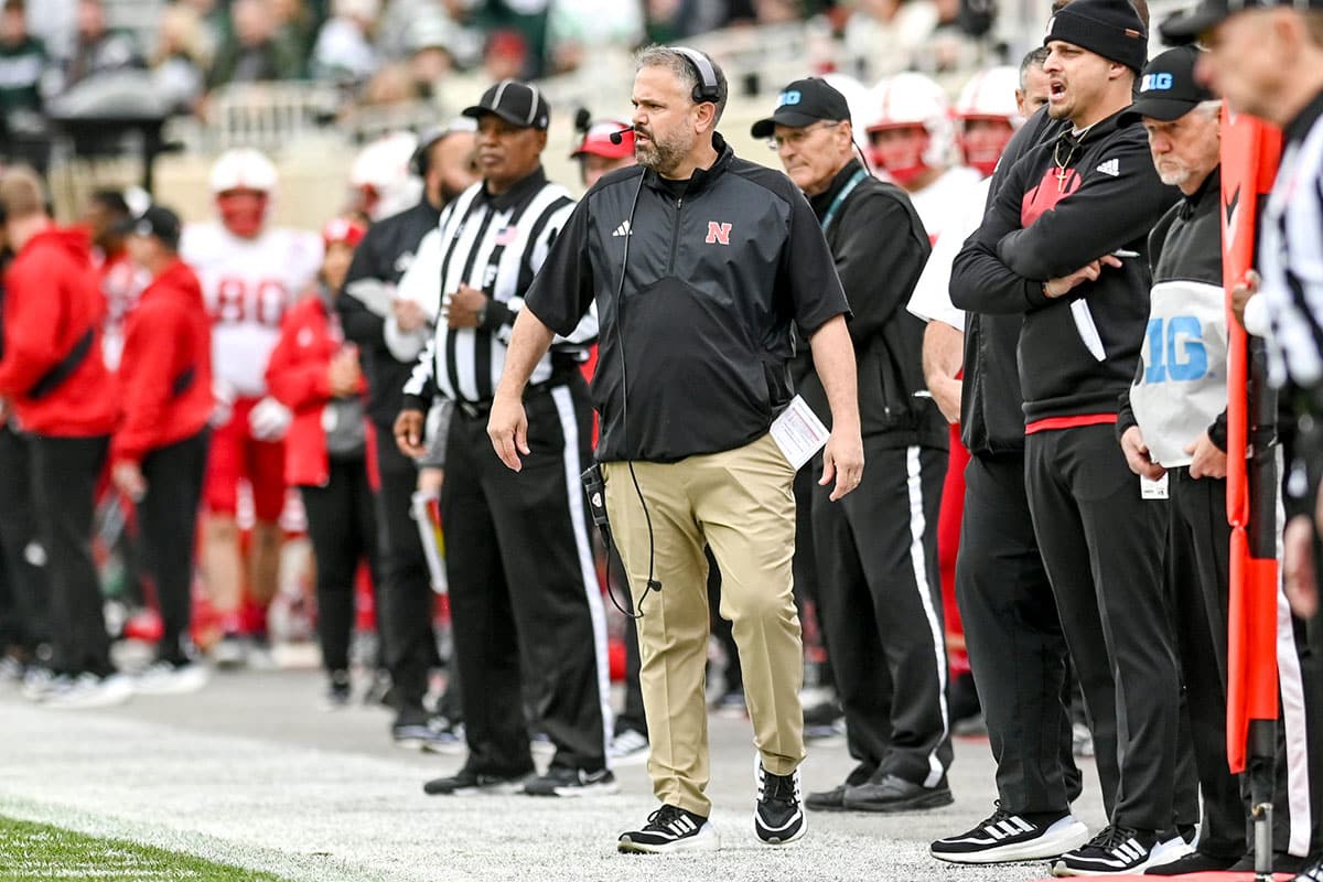 Nebraska's head coach Matt Rhule looks on from the sideline during the second quarter in the game against Michigan State