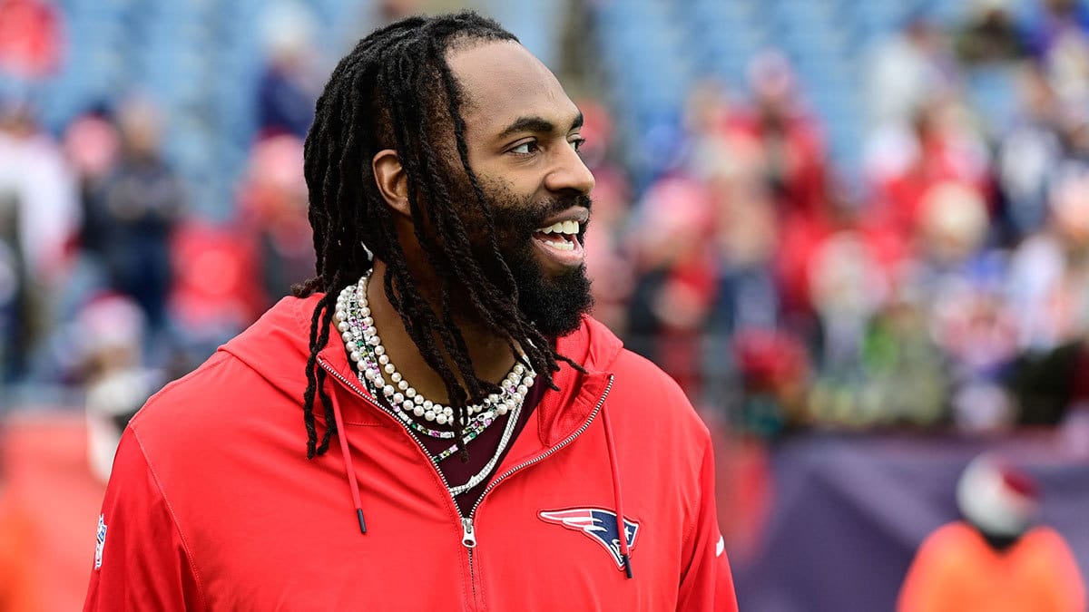 New England Patriots linebacker Matthew Judon (9) greets fans before a game against the Kansas City Chiefs at Gillette Stadium. 