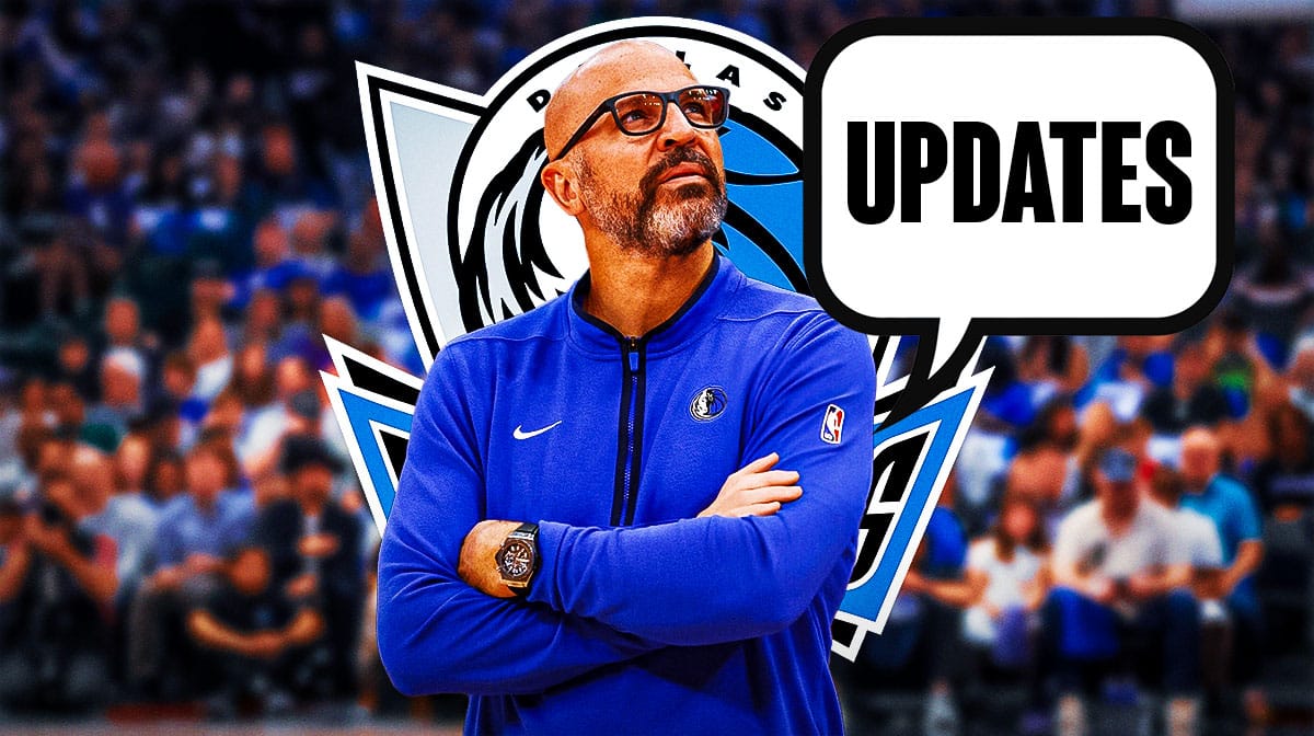 Mavericks' Jason Kidd saying the following: Updates Mavericks' logo in background.
