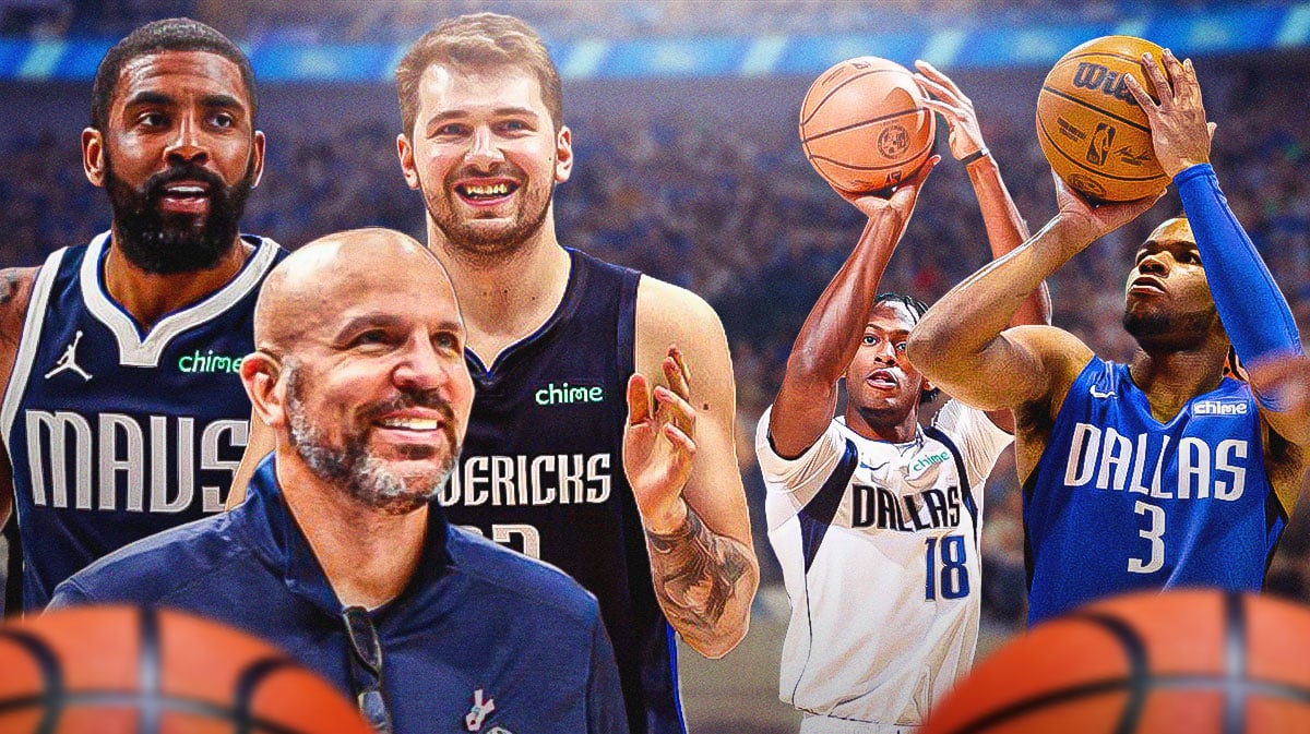 Mavericks' Jason Kidd, Mavericks' Luka Doncic, Mavericks' Kyrie Irving all smiling on left. On right, need Mavericks' Olivier-Maxence Prosper and Mavericks' Jaden Hardy both shooting basketballs.