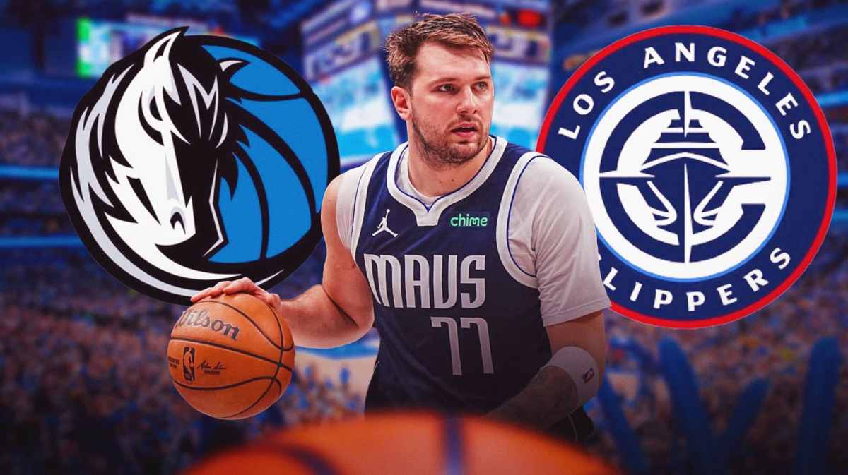 Mavericks' Luka Doncic in front looking serious. In background, need the Mavericks' 2024 logo and Clippers' 2024 logo. Then place question marks in image please.