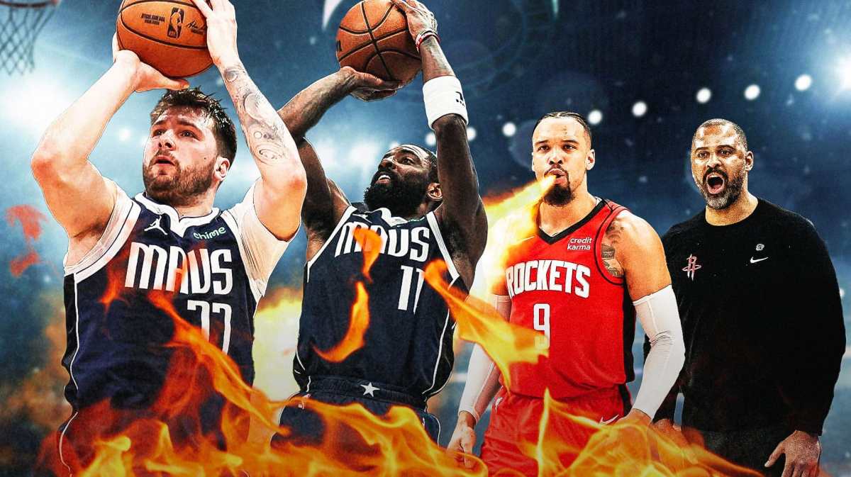 On left, Mavericks' Luka Doncic and Mavericks' Kyrie Irving both shooting basketballs. On right, need Rockets' Dillon Brooks breathing fire at Luka and Kyrie. Also place Rockets' Ime Udoka next to Brooks.