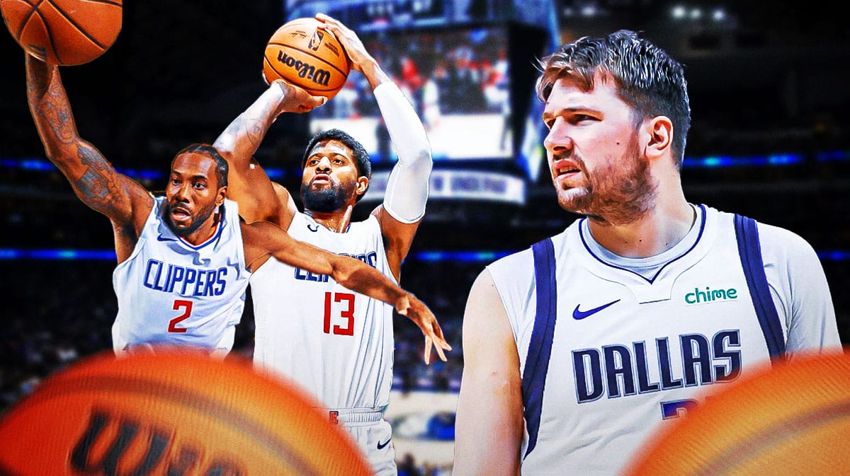 Mavericks' Luka Doncic looking at Clippers' Paul George shooting a basketball, Clippers' Kawhi Leonard dunking a basketball.