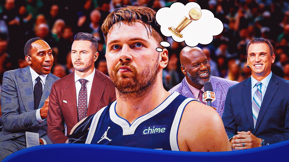 Mavericks' Luka Doncic close-up image in front. Give him a thought bubble, in the bubble, place the NBA championship trophy. In background of image, need Stephen A. Smith, JJ Redick, Shaquille O'Neal, and Tim Legler (IMAGES ALL FROM 2024) looking like they are yelling/talking.
