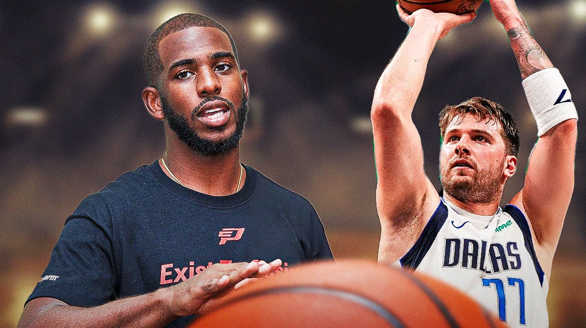 Chris Paul in normal clothes on left. Mavericks' Luka Doncic shooting a basketball on right.