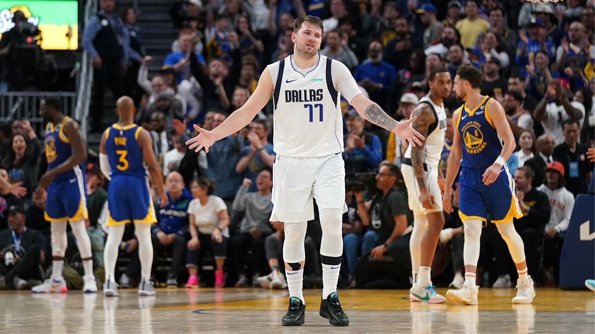 Dallas Mavericks guard Luka Doncic (77) reacts after the Mavericks missed a three point attempt late in the fourth quarter against the Golden State Warriors at the Chase Center.