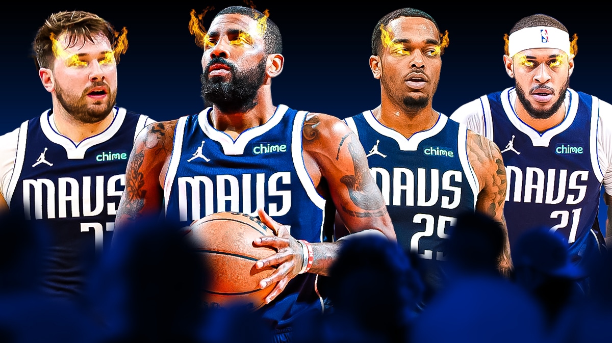 Mavericks' Kyrie Irving with fire in eyes. Mavericks' PJ Washington, Mavericks' Daniel Gafford, Mavericks' Luka Doncic with fire in eyes as well. (Place Kyrie in front please).