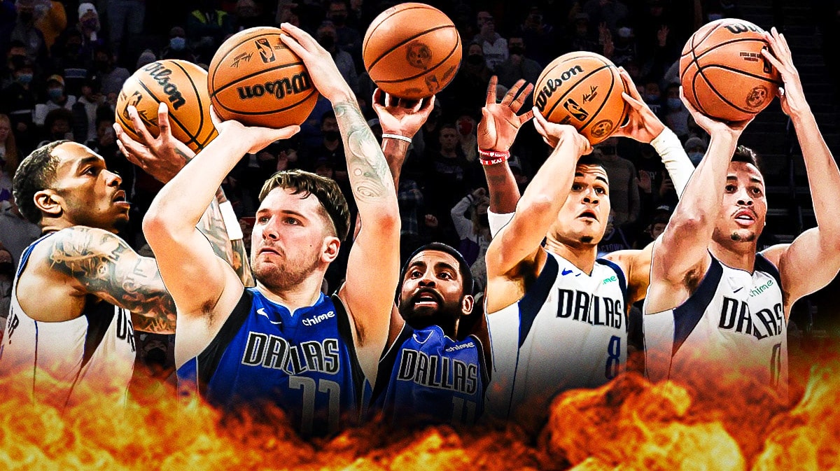 Mavericks' Luka Doncic, Mavericks' Kyrie Irving, Mavericks' PJ Washington, Mavericks' Josh Green, and Mavericks' Dante Exum all shooting basketballs.