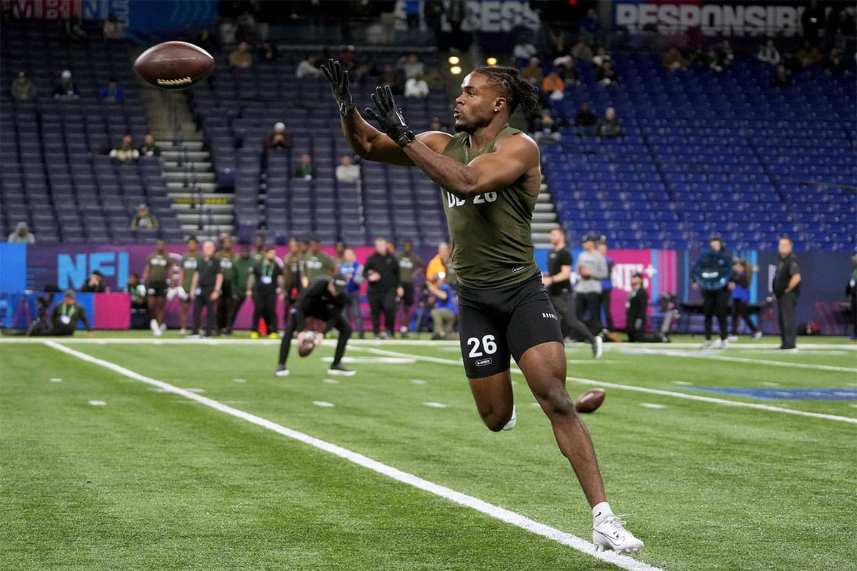 Rutgers defensive back Max Melton (DB26) works out during the 2024 NFL Combine at Lucas Oil Stadium
