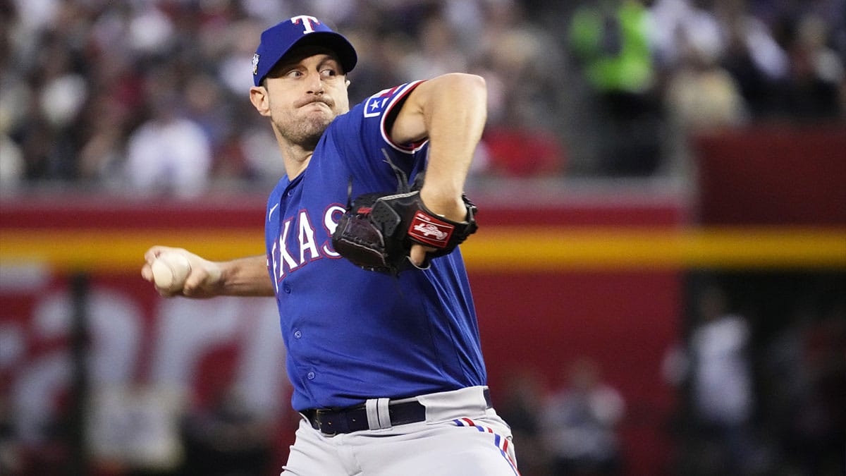 Texas Rangers starting pitcher Max Scherzer (31) throws a pitch against the Arizona Diamondbacks during the third inning in game three of the 2023 World Series at Chase Field