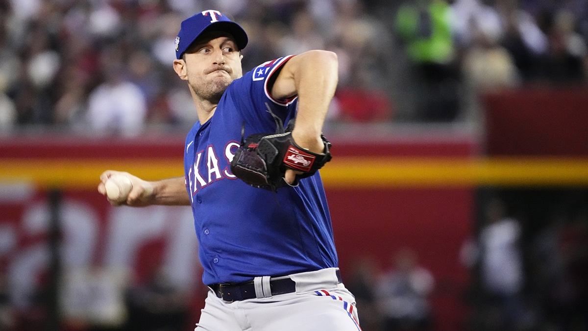 Texas Rangers starting pitcher Max Scherzer (31) throws a pitch against the Arizona Diamondbacks during the third inning in game three of the 2023 World Series at Chase Field on Oct. 30, 2023, in Phoenix, Arizona.