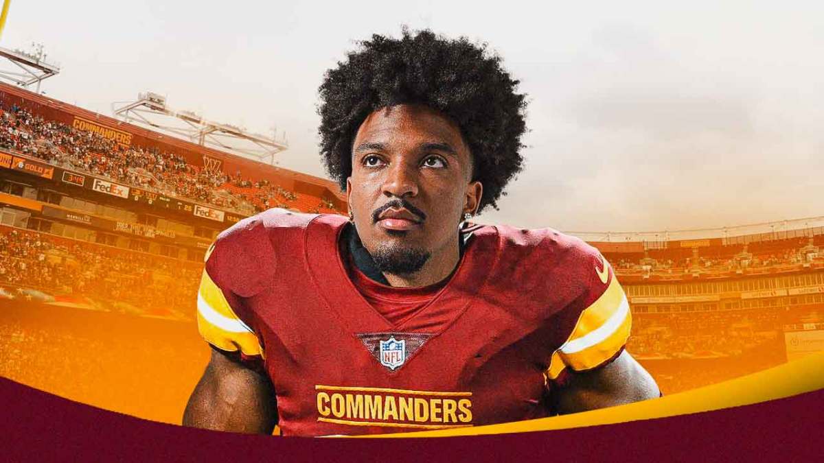 Jayden Daniels in a Washington Commanders uniform. Commanders No. 2 pick