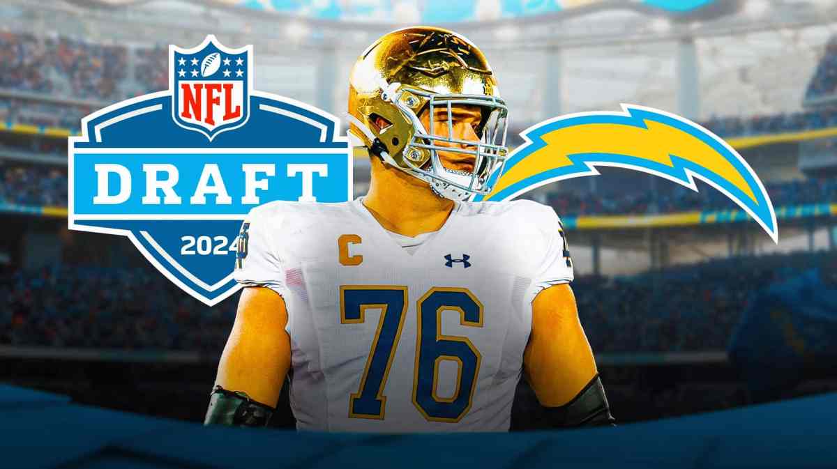 Joe Alt next to a Chargers logo and NFL Draft logt