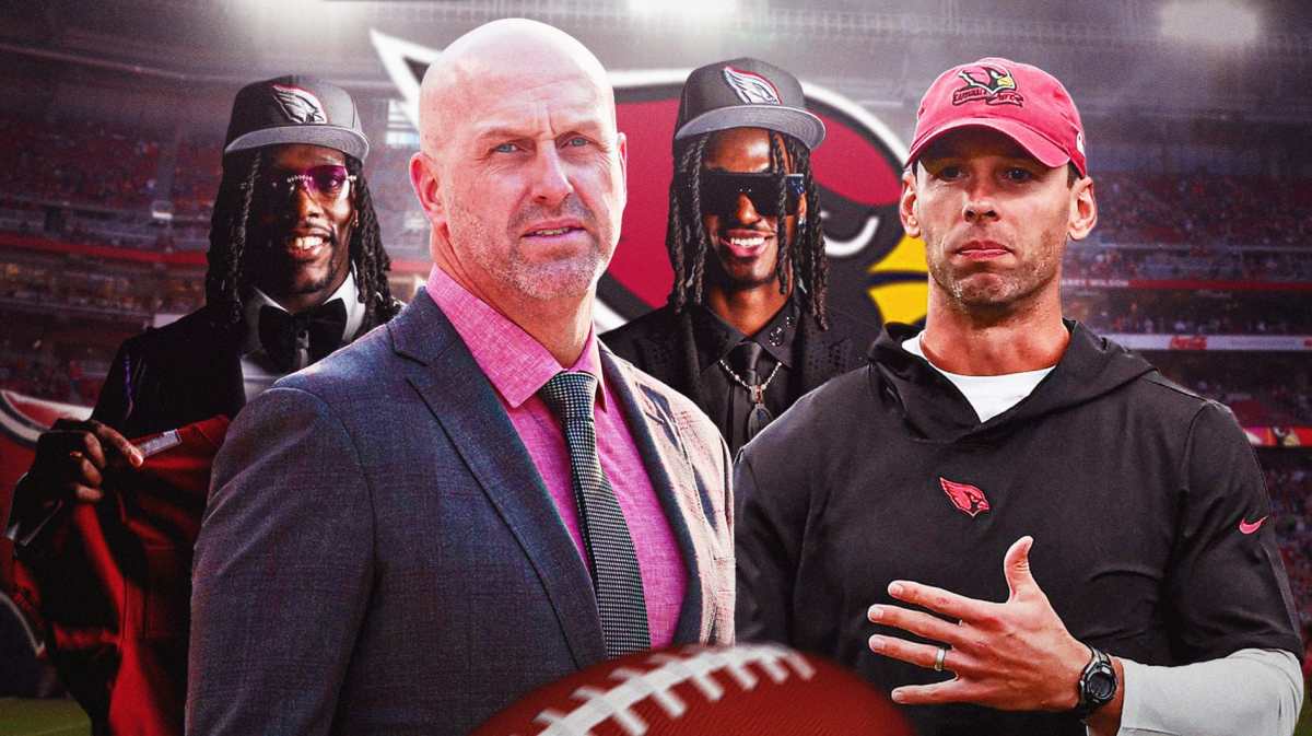 Jayden Daniels in the middle, Jalen Hurts, Randall Cunningham around him, and Arizona Cardinals wallpaper in the background