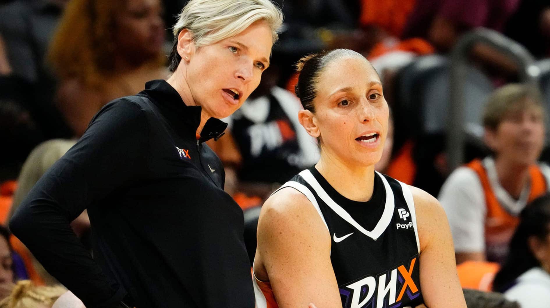 Phoenix Mercury guard Diana Taurasi (3) talks to head coach Vanessa Nygaard during the home opener against the Chicago Sky at Footprint Center on May 21, 2023.