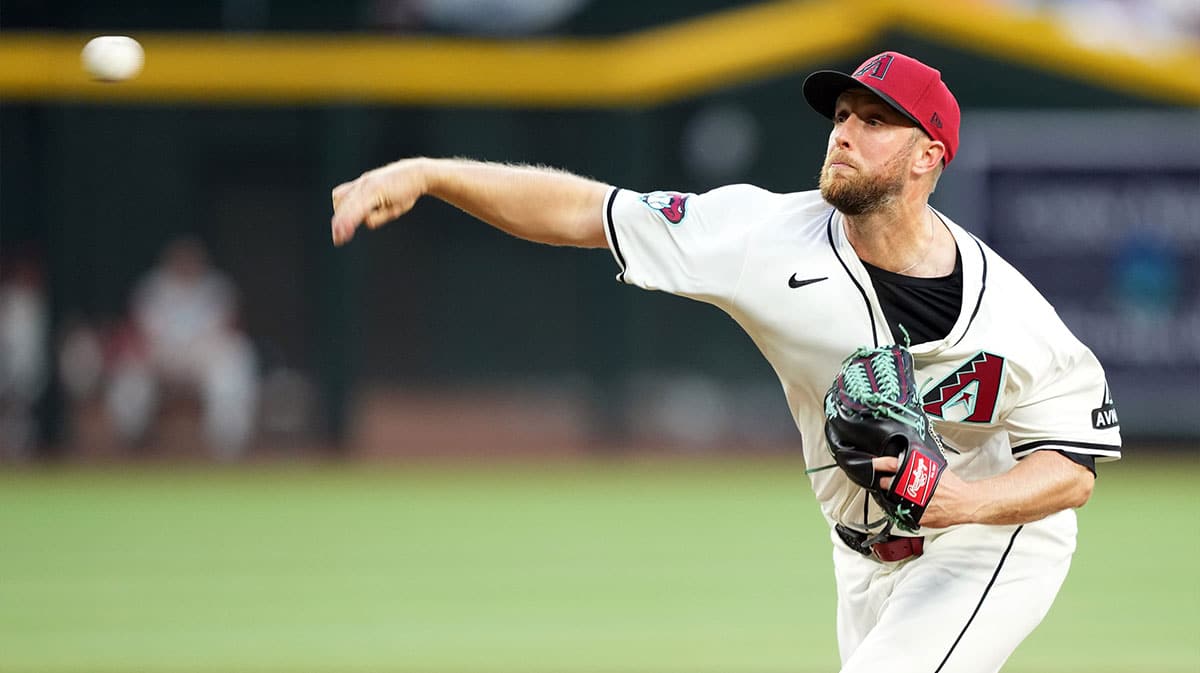 Arizona Diamondbacks pitcher Merrill Kelly pitches against the Chicago Cubs during the first inning at Chase Field. All players wore number 42 to commemorate Jackie Robinson Day.
