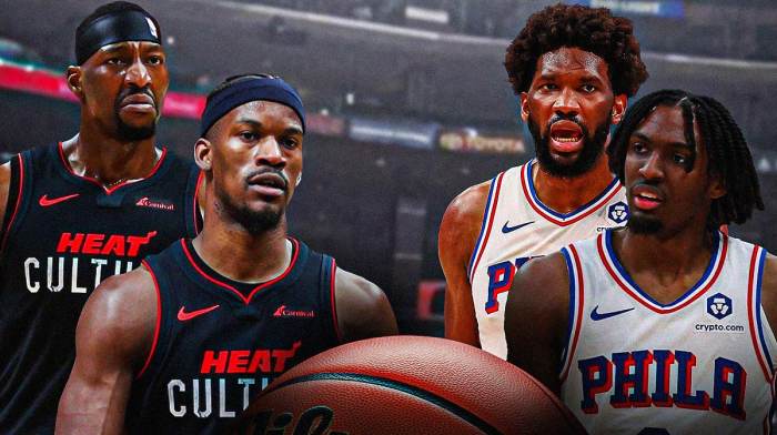 Miami Heat stars Jimmy Butler and Bam Adebayo next to Philadelphia 76ers Joel Embiid in front of the Kaseya Center.