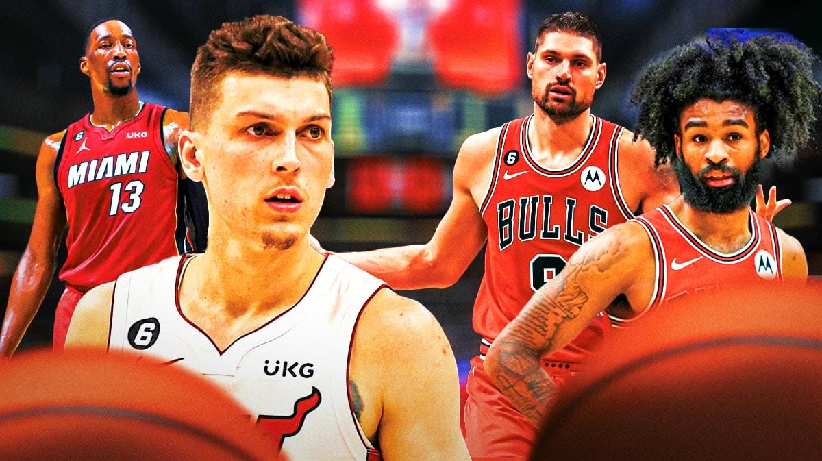 Miami Heat star Tyler Herro and Bam Adebayo looking at Chicago Bulls stars Coby White and Nikola Vucevic in front of the Kaseya Center.