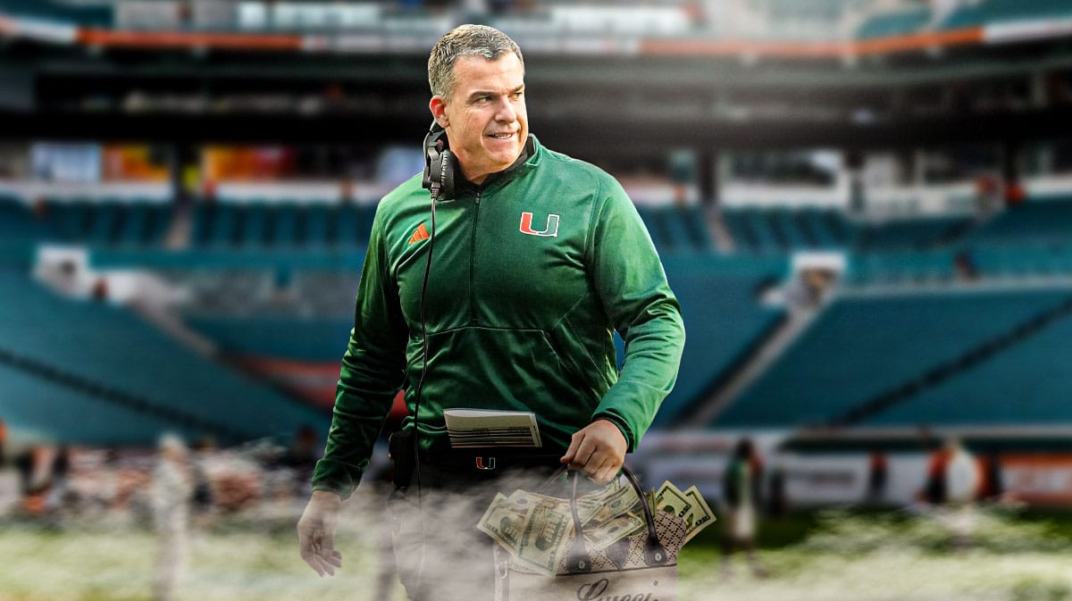 Miami football coach Mario Cristobal holding a bag of money.