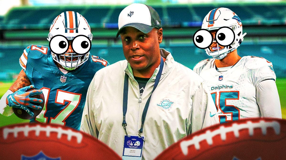 Chris Grier on one side, Jaylen Waddle and Jaelen Phillips on the other side with the big eyes emoji over their faces
