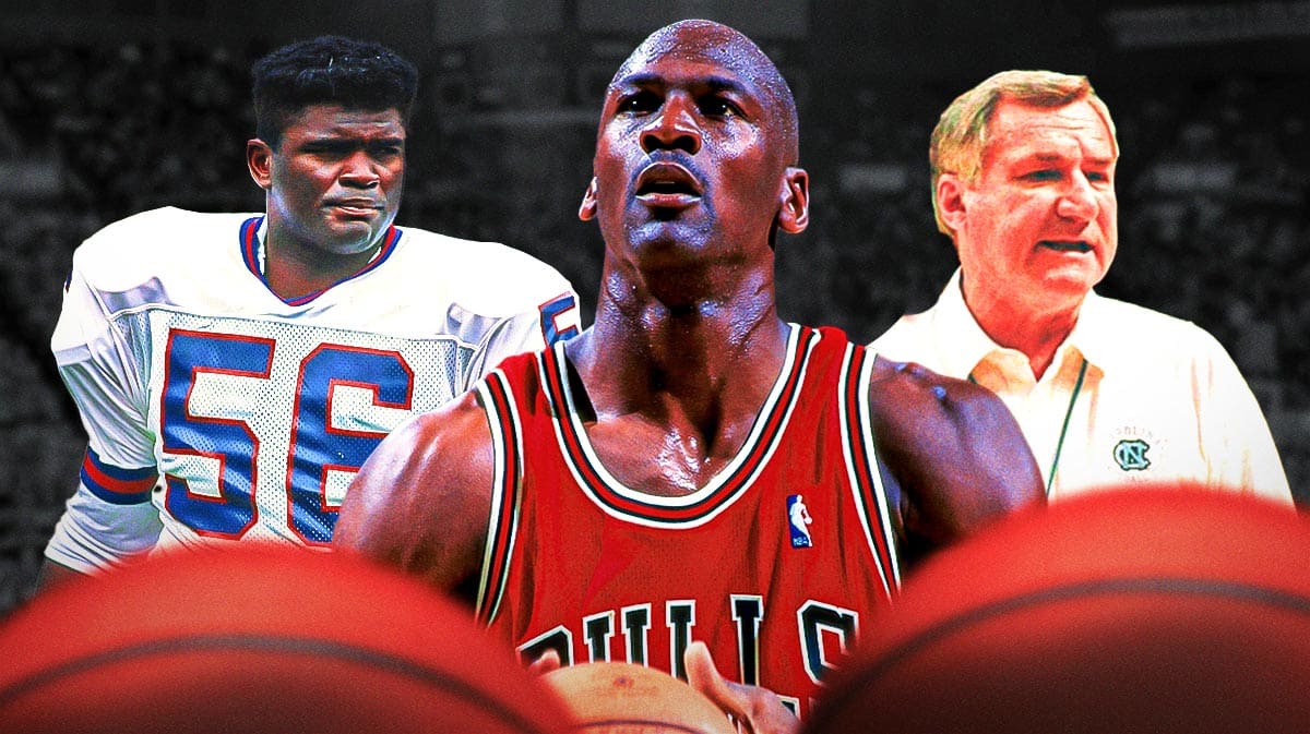 Photo: Michael Jordan in Bulls jersey in action, Lawrence Taylor, Dean Smith behind him