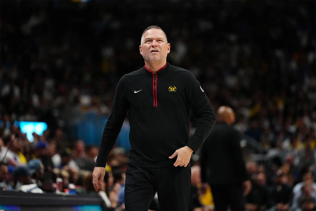 Denver Nuggets head coach Michael Malone in the first quarter against the Los Angeles Lakers during game two of the first half during the 2024 NBA playoffs at Ball Arena.