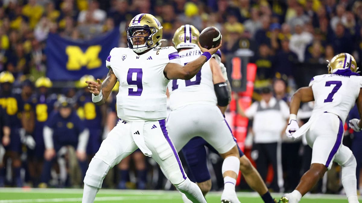Washington Huskies quarterback Michael Penix Jr. (9) passes the ball against the Michigan Wolverines during the third quarter in the 2024 College Football Playoff national championship game at NRG Stadium.
