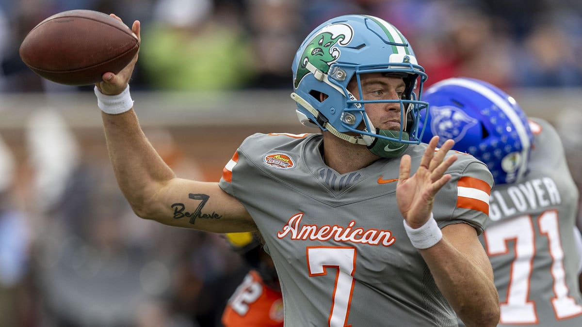 American quarterback Michael Pratt of Tulane (7) throws the ball during the first half of the 2024 Senior Bowl football game