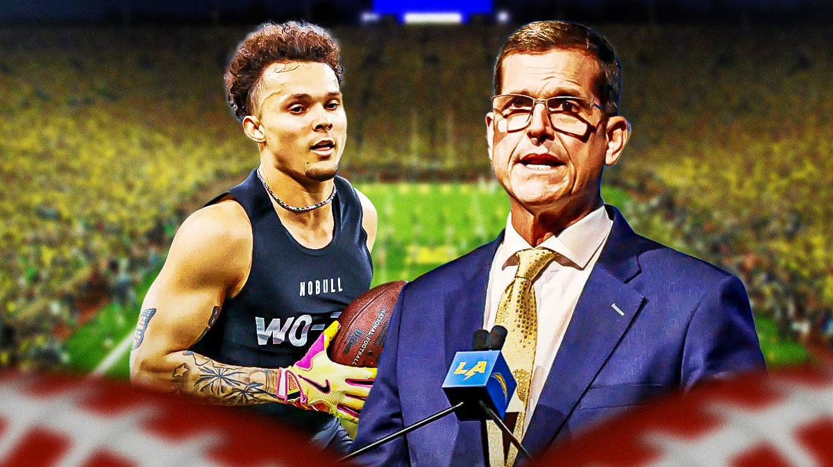 Michigan football, Roman Wilson, NFL Draft, Chargers, Jim Harbaugh, Roman Wilson and Jim Harbaugh (in Chargers gear) with Michigan football stadium in the background