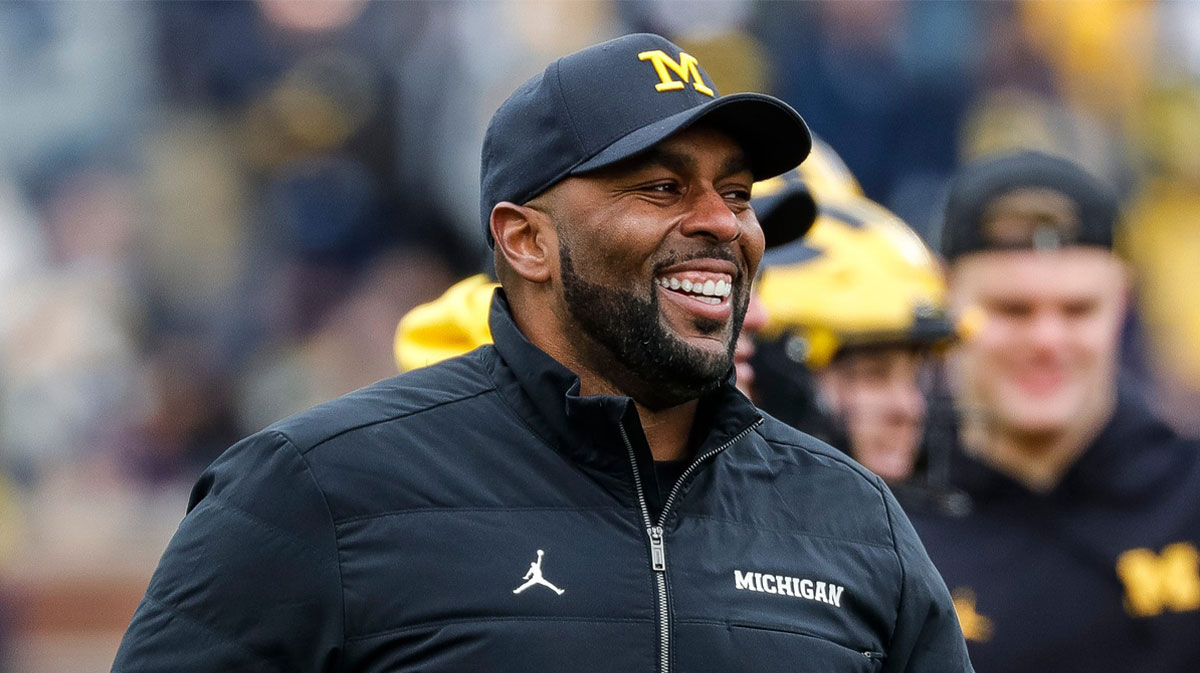 Michigan head coach Sherrone Moore watches warm up during the spring game at Michigan Stadium in Ann Arbor on Saturday, April 20, 2024.