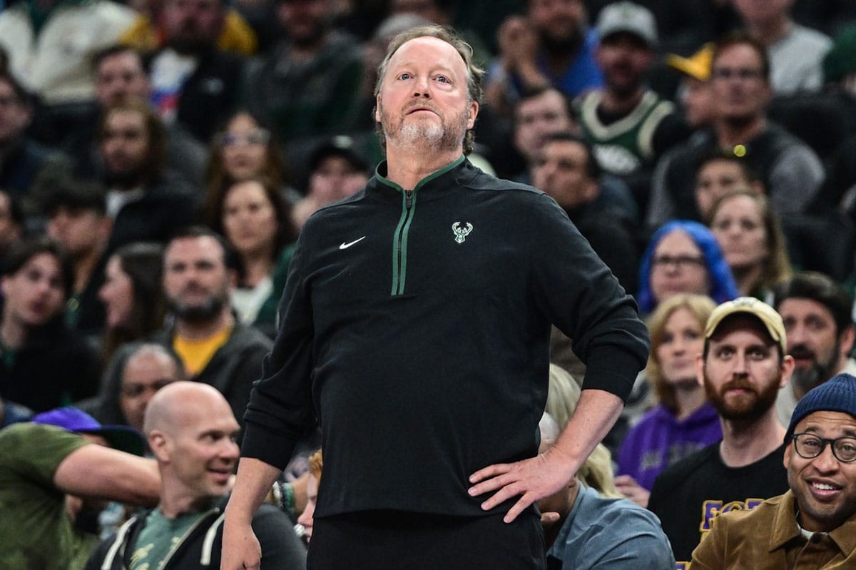 Milwaukee Bucks head coach Mike Budenholzer reacts in the second quarter during game against the Memphis Grizzlies at Fiserv Forum.