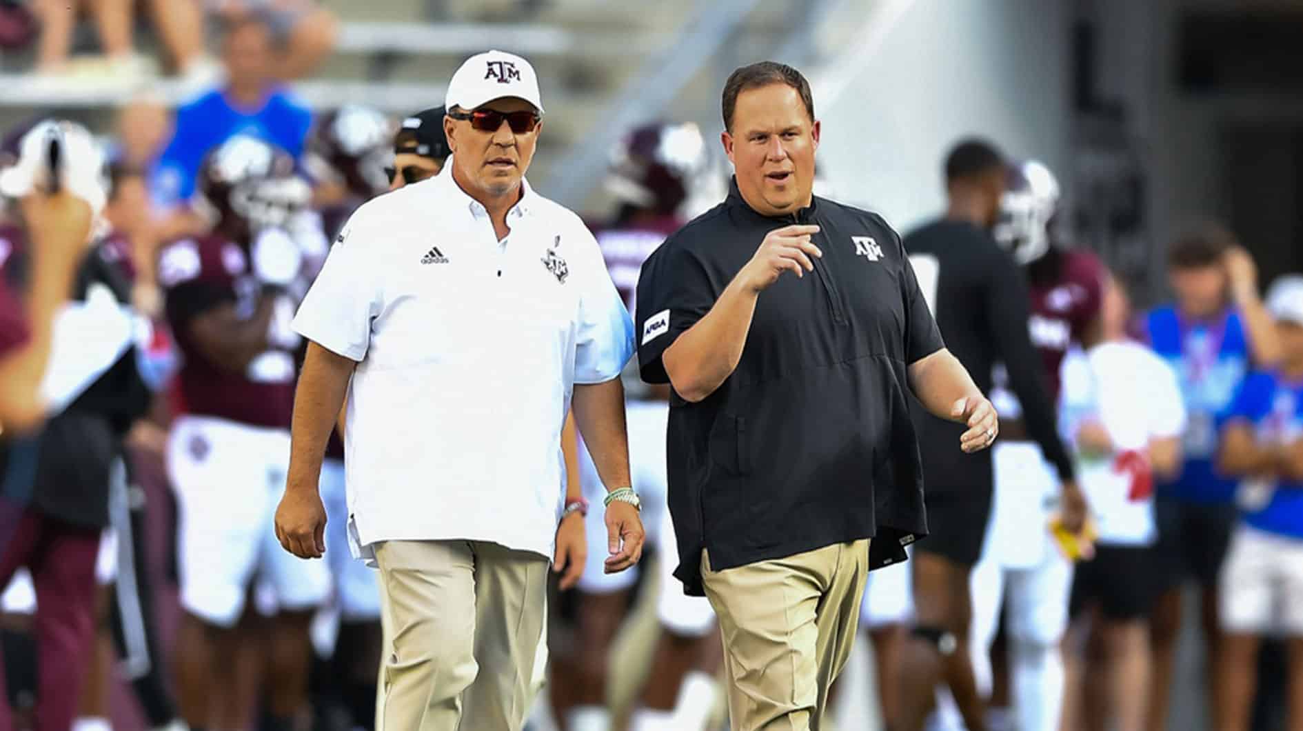 Texas A&M Aggies head coach Jimbo Fisher and defensive coordinator Mike Elko prior to the game against the Kent State Golden Flashes at Kyle Field. 