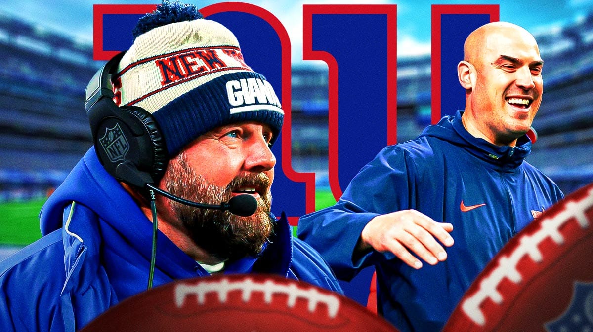 Brian Daboll and Mike Kafka next to a Giants logo