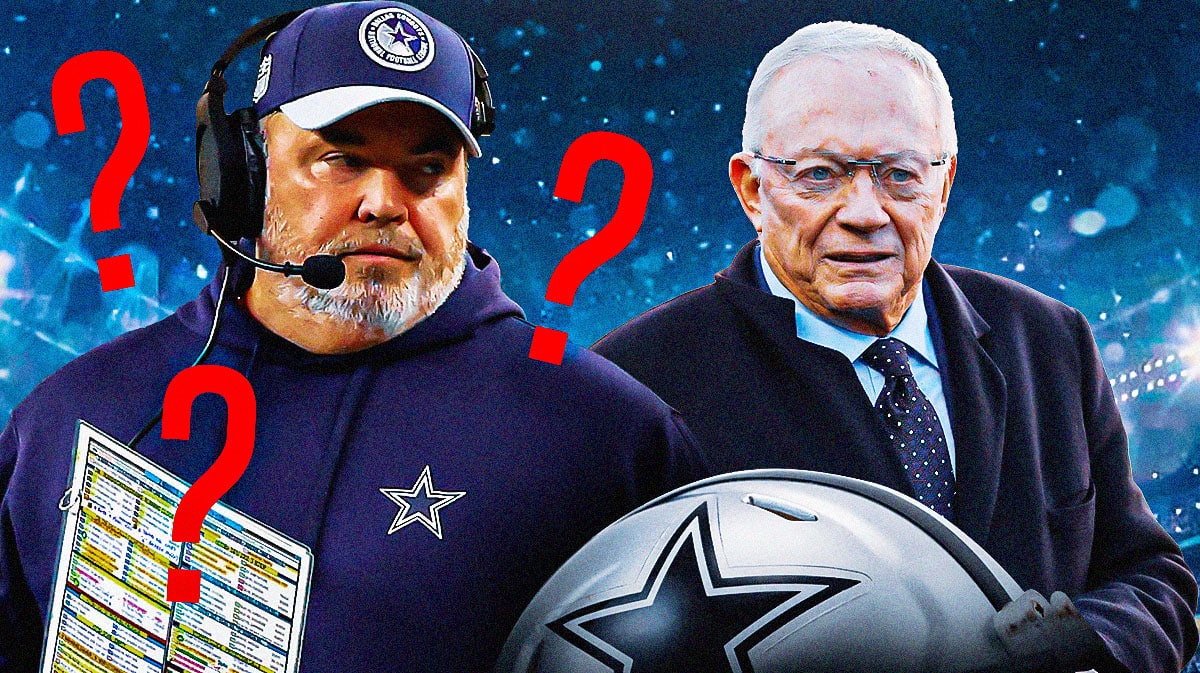 Dallas Cowboys head coach Mike McCarthy next to Dallas Cowboys owner Jerry Jones. There are question marks surrounding Mike McCarthy.