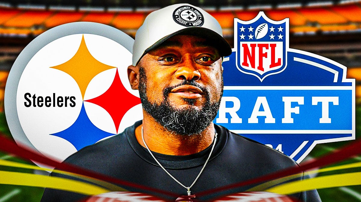 Steelers' Mike Tomlin stands next to 2024 NFL Draft logo with free agency reporters in background