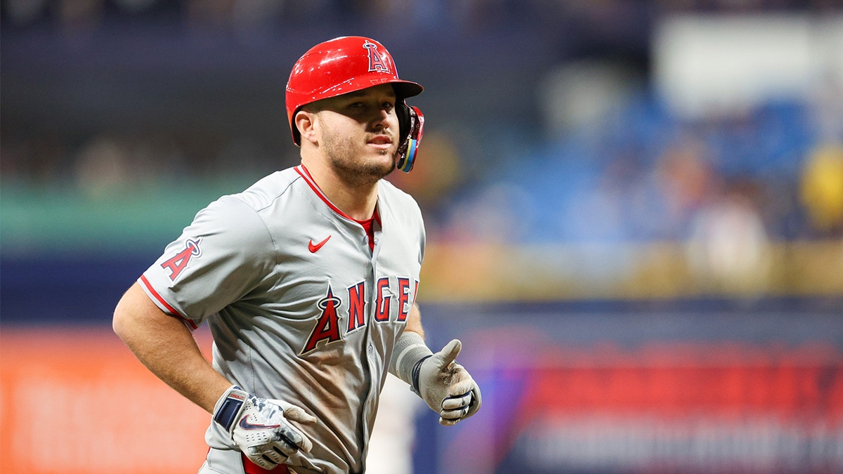 Los Angeles Angels outfielder Mike Trout (27) runs the bases after hitting a two run home run against the Tampa Bay Rays in the eighth inning during Jackie Robinson day at Tropicana Field.