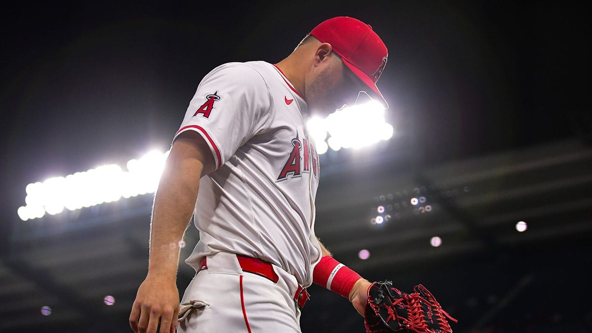 Los Angeles Angels center fielder Mike Trout (27) returns to the dugout following the sixth inning against the Baltimore Orioles at Angel Stadium.