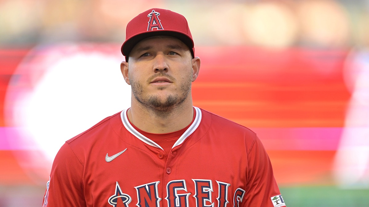  Los Angeles Angels outfielder Mike Trout (27) warms up prior to the game against the Boston Red Sox at Angel Stadium