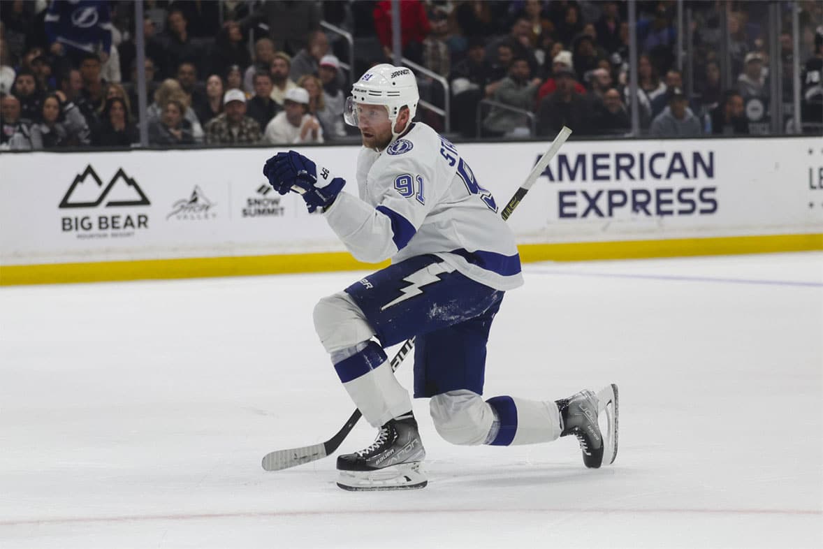 Tampa Bay Lighting defensemen Mikhail Sergachev (98) celebrates after scroring a goal during the third period against the Los Angeles Kings at Crypto.com Arena