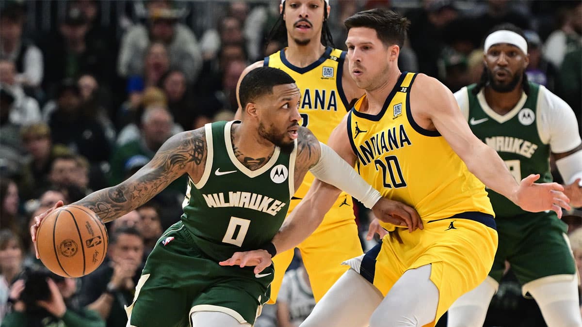 Apr 21, 2024; Milwaukee, Wisconsin, USA; Milwaukee Bucks guard Damian Lillard (0) drives for the basket against Indiana Pacers forward Doug McDermott (20) in the in the second quarter during game one of the first round for the 2024 NBA playoffs at Fiserv Forum. Mandatory Credit: Benny Sieu-USA TODAY Sports