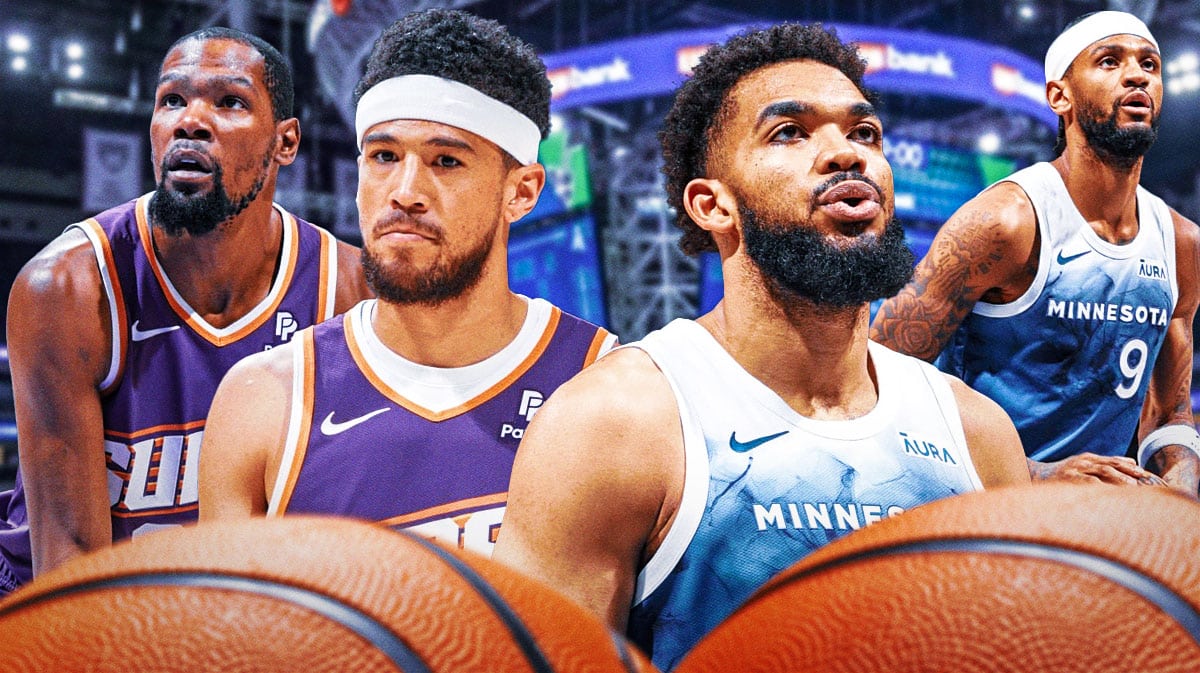 Karl-Anthony Towns, Nickeil Alexander-Walker next to Devin Booker and Kevin Durant