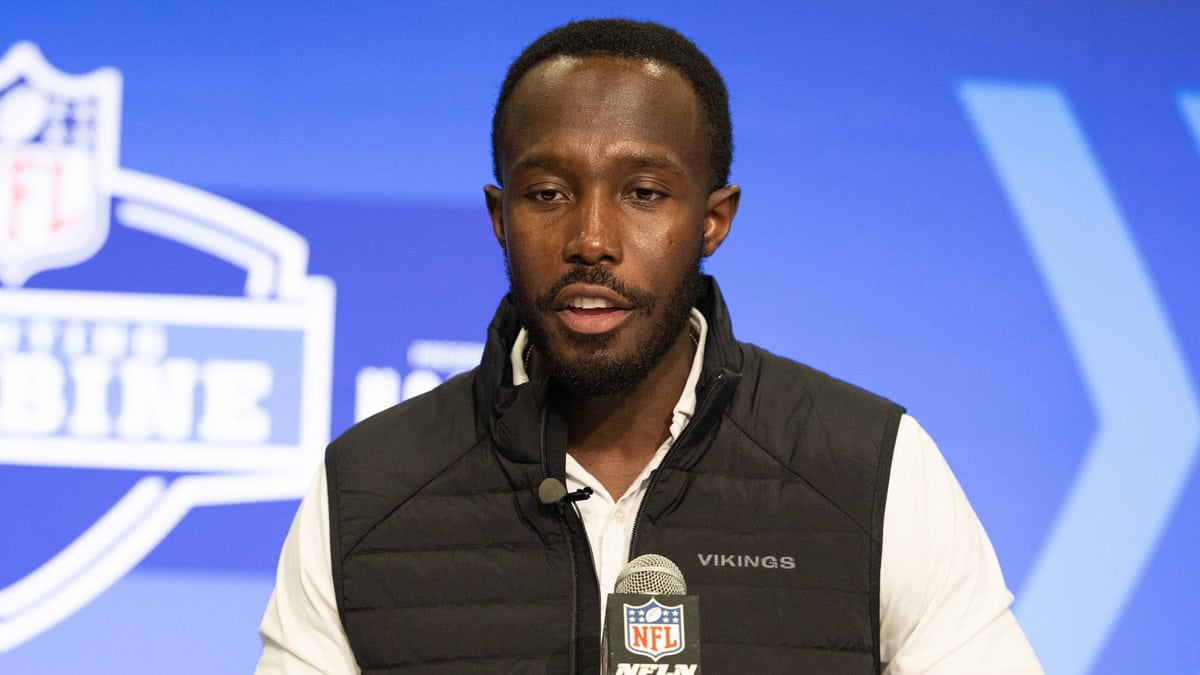 Minnesota Vikings general manager Kwesi Adofo-Mensah talks to the media at the 2024 NFL Combine at Indiana Convention Center.
