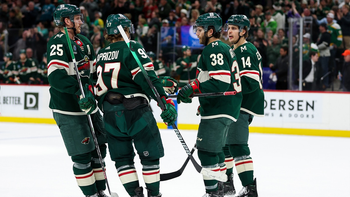 Minnesota Wild right wing Ryan Hartman (38) celebrates his empty net goal against the San Jose Sharks during the third period at Xcel Energy Center