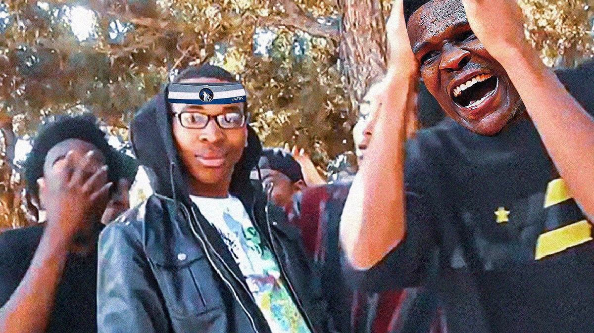 Headband with Timberwolves logo on the rapper wearing jacket, Anthony Edwards as the guy on right with hands on head